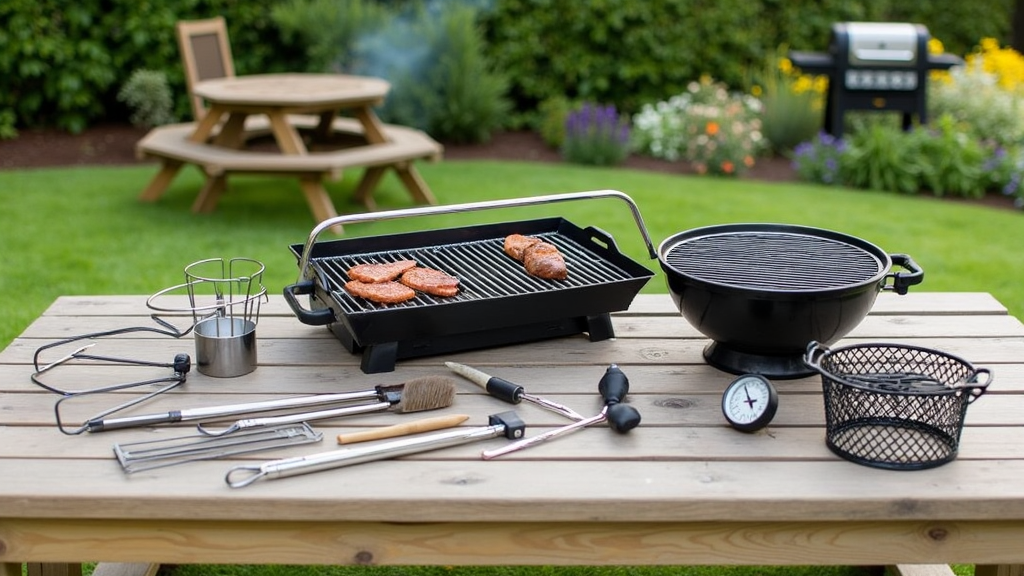 Assortment of grilling equipment on a backyard table with a sunny garden background